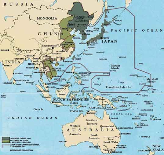Map of the extent of the Japanese Empire before the bombing of Pearl Harbor.